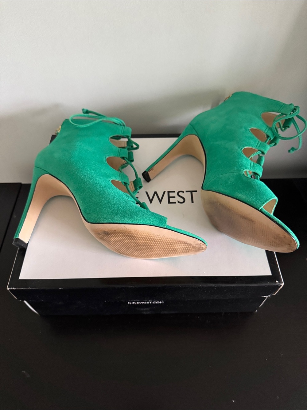 Nine West Teal Green Suede Lace-Up Peep-Toe Ankle Heels - Picture 3 of 5